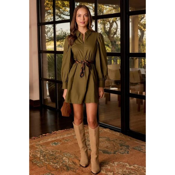 Avara Dresses & Skirts - Avara Rhett Dress Mini Zip Up Balloon Sleeve Zip Up Cotton Poplin Olive Green L